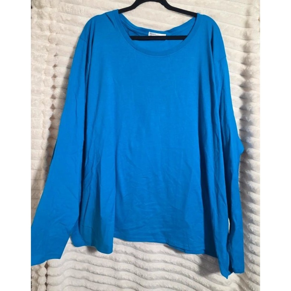 Hanes Originals Womens 5X Bright Blue Long Sleeve Cotton Crewneck T-Shirt